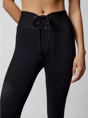 Year of Ours Black Ribbed High-Waist Lace-Up Leggings
